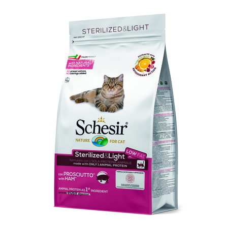 Schesir Sterilized And Light Облегченный сухой корм для взрослых стерилизованных кошек и кастрированных котов (с ветчиной) – интернет-магазин Ле’Муррр